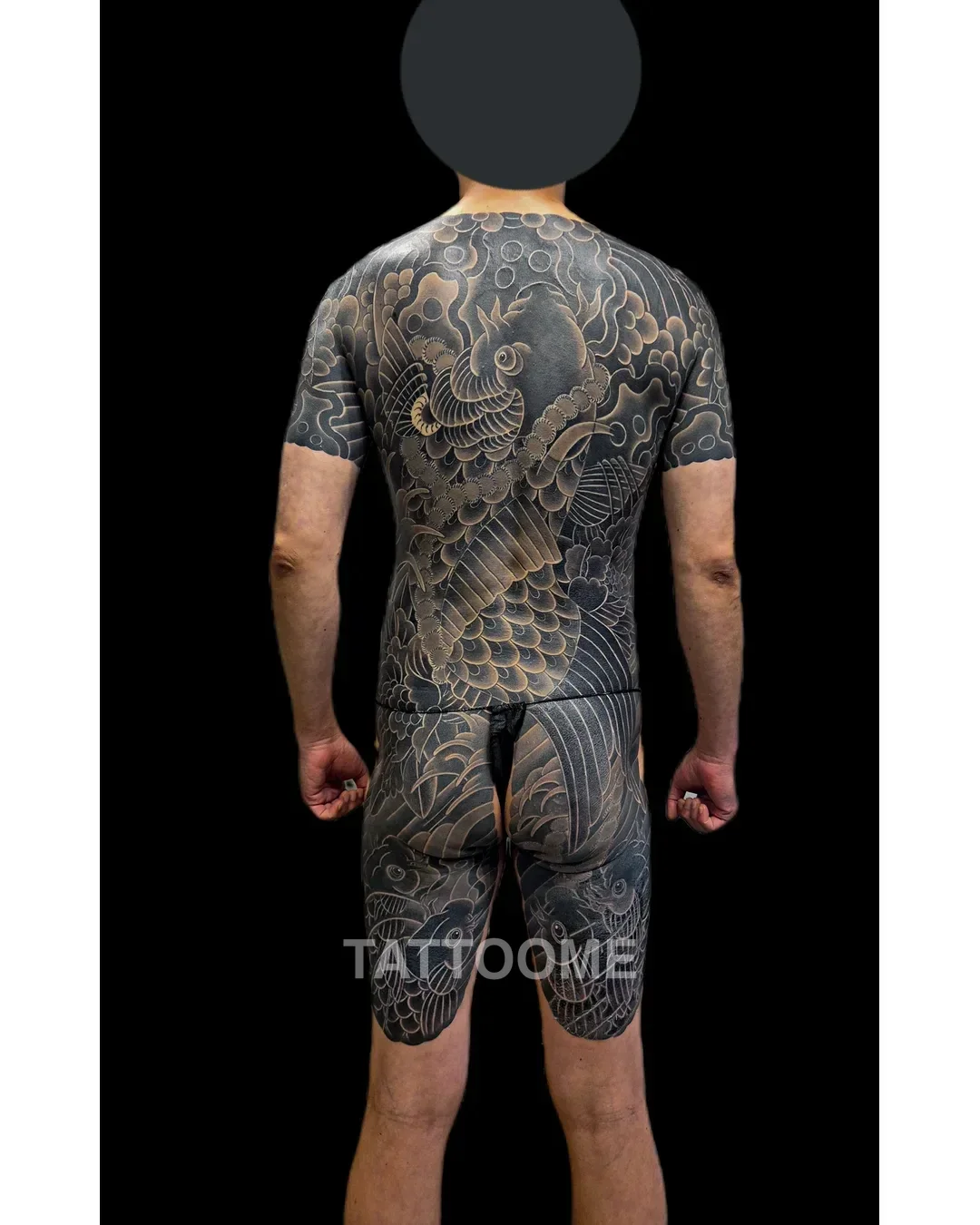 잉어 흑백 커버업 등허벅지 커버업 전/후 - tattooist_yuye 커버업 후