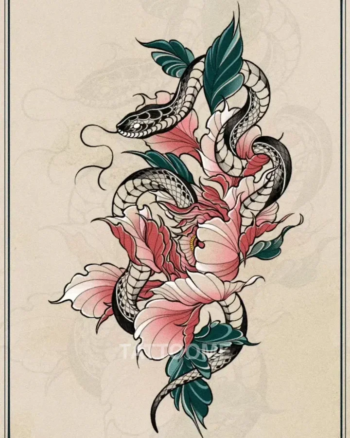 뉴스쿨 도안 꽃&뱀 도안 - hyoku_tattooing